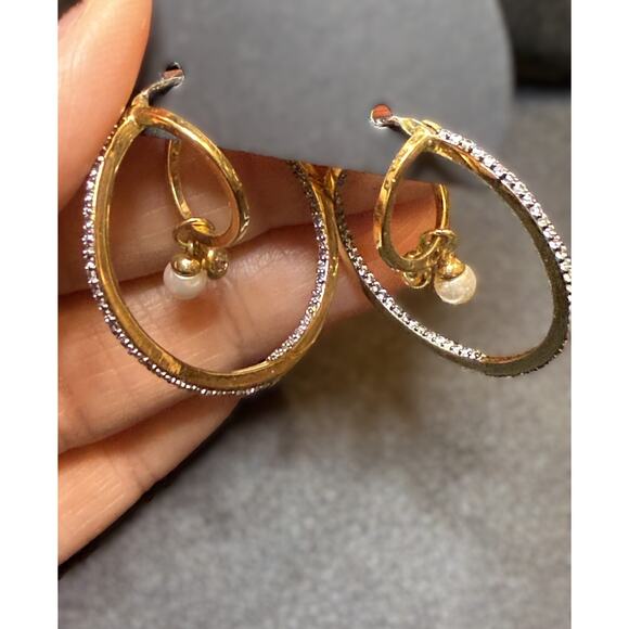 Henri Bendel Double Hoop Charm Gold Tone Earrings with Cubic Zirconia Stones